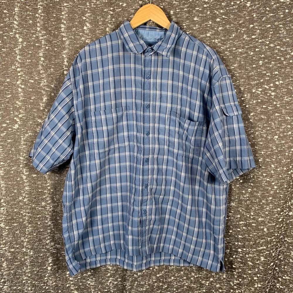 Field & Stream Blue White Plaid Shirt Short Sleeve Outdoor Fishing Men's XL